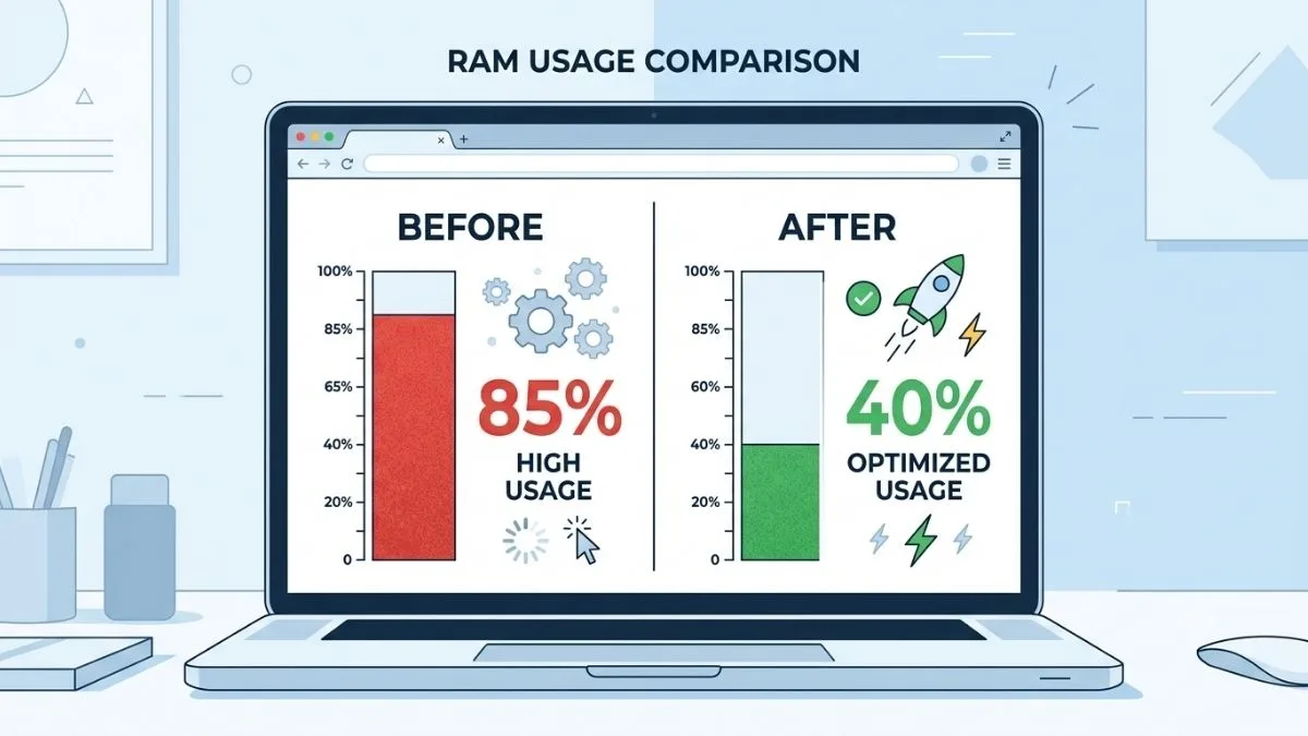 Bảng so sánh dung lượng RAM trước và sau khi tắt ứng dụng chạy ngầm trên laptop