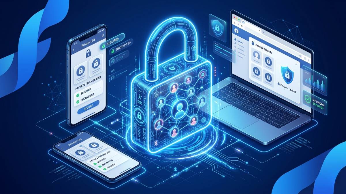 Mô phỏng giao diện bảo mật Facebook với ổ khóa neon bảo vệ danh sách bạn bè, hướng dẫn cách ẩn danh sách bạn bè trên facebook.