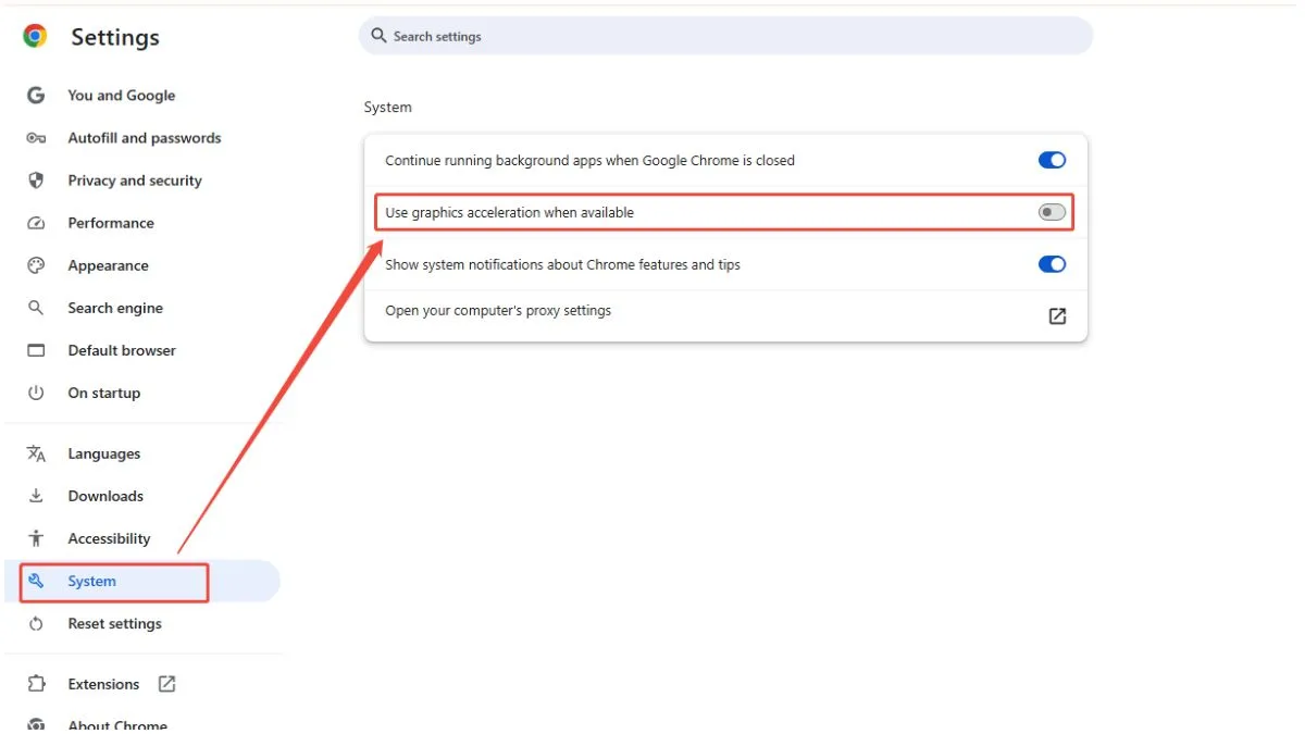 Hướng dẫn gạt nút kích hoạt chế độ Use graphics acceleration when available trong cài đặt Chrome