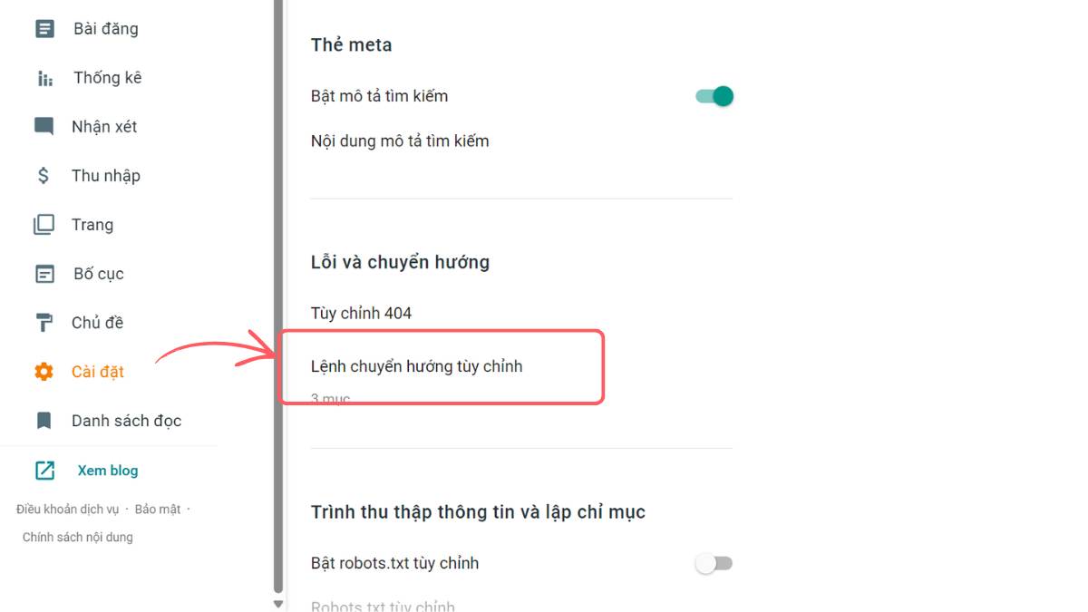 Các bước thiết lập chuyển hướng từ link cũ sang link mới trong cài đặt Blogger