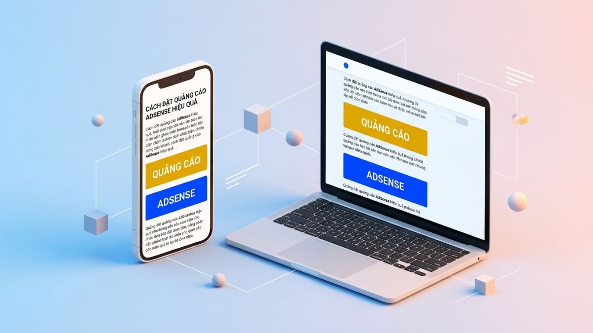 Sơ đồ 3D mô phỏng vị trí chèn quảng cáo Google AdSense tối ưu vào giữa các đoạn văn trên điện thoại và máy tính.