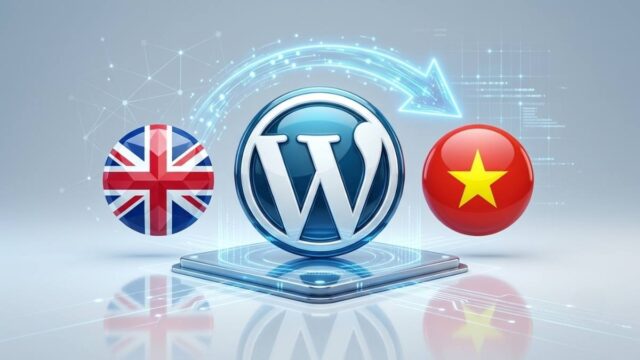 Đồ họa hướng dẫn cách chuyển đổi ngôn ngữ giao diện quản trị WordPress sang tiếng Việt.
