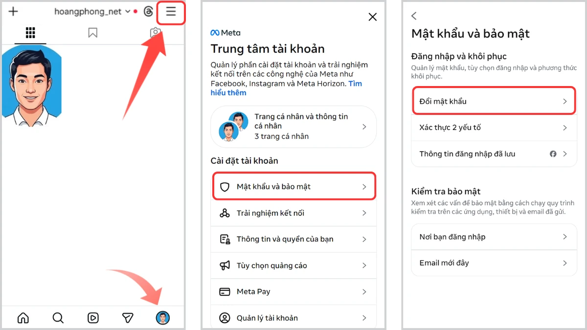 Giao diện Trung tâm tài khoản Meta để đổi mật khẩu IG trên điện thoại