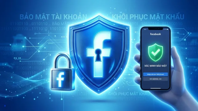 Biểu tượng lá chắn bảo mật tài khoản Facebook và điện thoại hiển thị dấu xác minh khôi phục mật khẩu