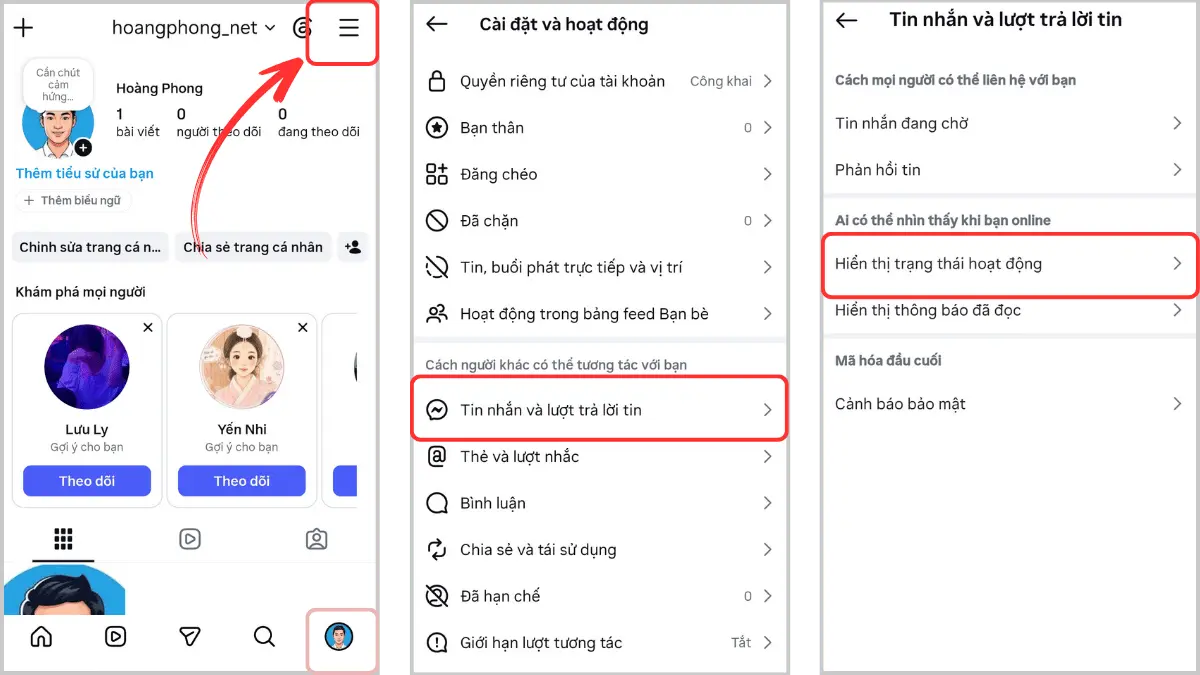Các bước nhấn vào Cài đặt, Tin nhắn và gạt tắt Hiển thị trạng thái hoạt động trên ứng dụng Instagram mobile.