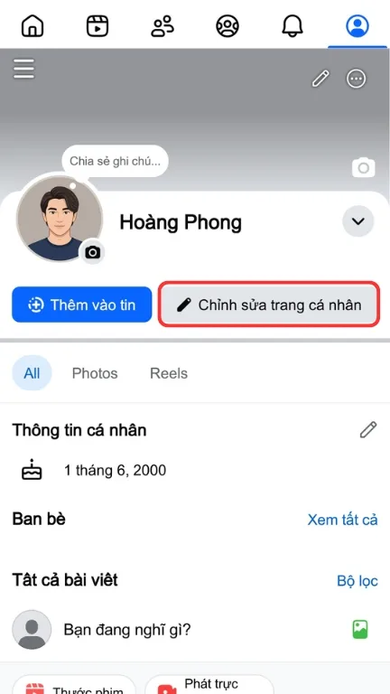 Thao tác chọn nút Chỉnh sửa trang cá nhân trên ứng dụng Facebook điện thoại