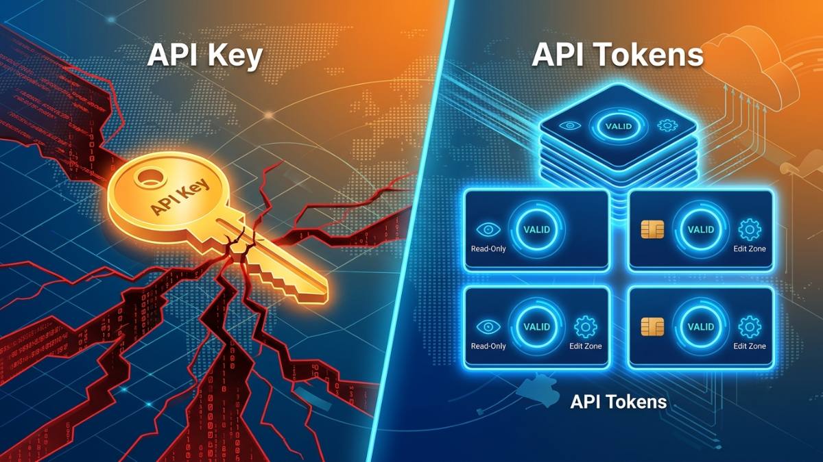 Đồ họa so sánh mức độ an toàn bảo mật giữa phương thức xác thực Cloudflare API Key và API Token.