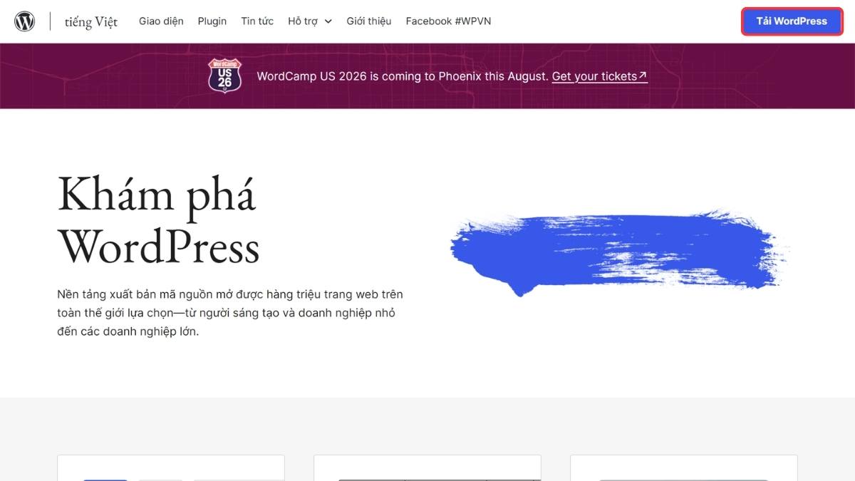 Giao diện trang chủ vi.wordpress.org cho phép tải bộ cài đặt WordPress bằng tiếng Việt miễn phí.