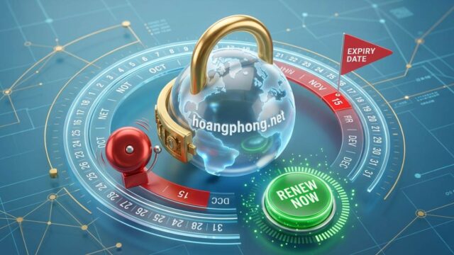 Hình ảnh minh họa về việc khóa bảo vệ quả địa cầu, cảnh báo ngày hết hạn tên miền và nút gia hạn ngay.