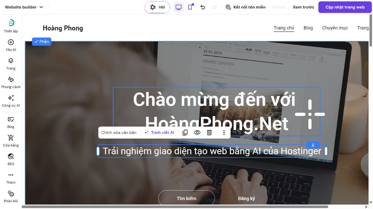 Màn hình làm việc trực quan của Hostinger AI Website Builder với các tính năng kéo thả