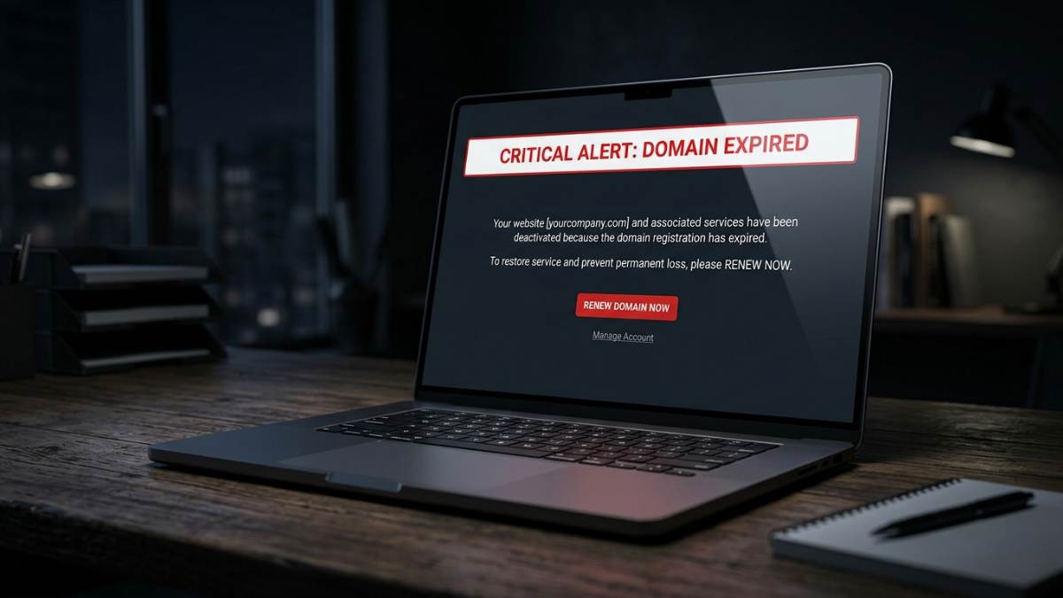 Giao diện website hiển thị thông báo tên miền đã hết hạn và không thể truy cập.