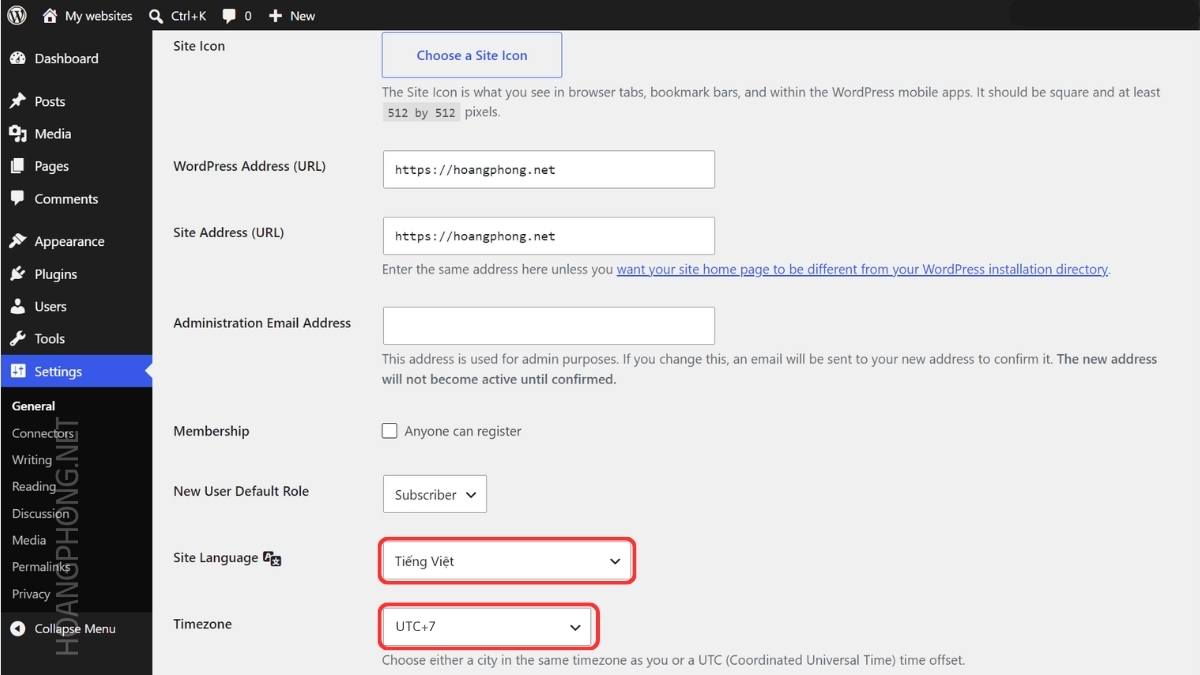 Hướng dẫn tùy chỉnh Site Language sang Tiếng Việt và thiết lập Timezone trong bảng cài đặt Settings General của WordPress.