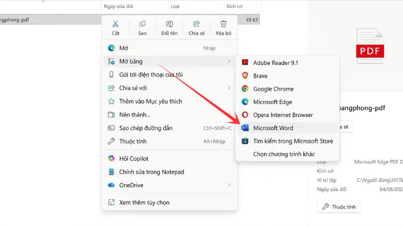 Giao diện nhấp chuột phải vào file PDF chọn Open With và ứng dụng Word để chuyển đổi định dạng văn bản