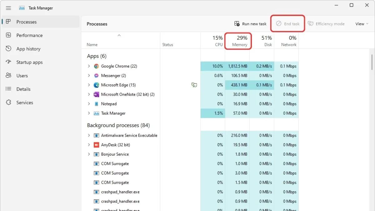 Giao diện Task Manager hướng dẫn ngắt ứng dụng chạy ngầm trên laptop Windows