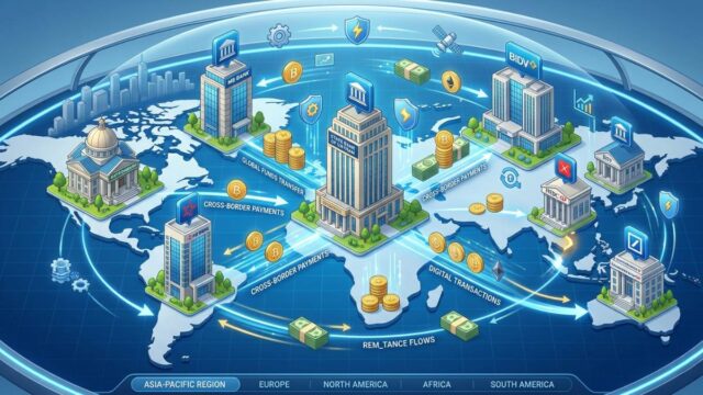 Minh họa các biểu tượng ngân hàng và dòng chảy tiền tệ quốc tế