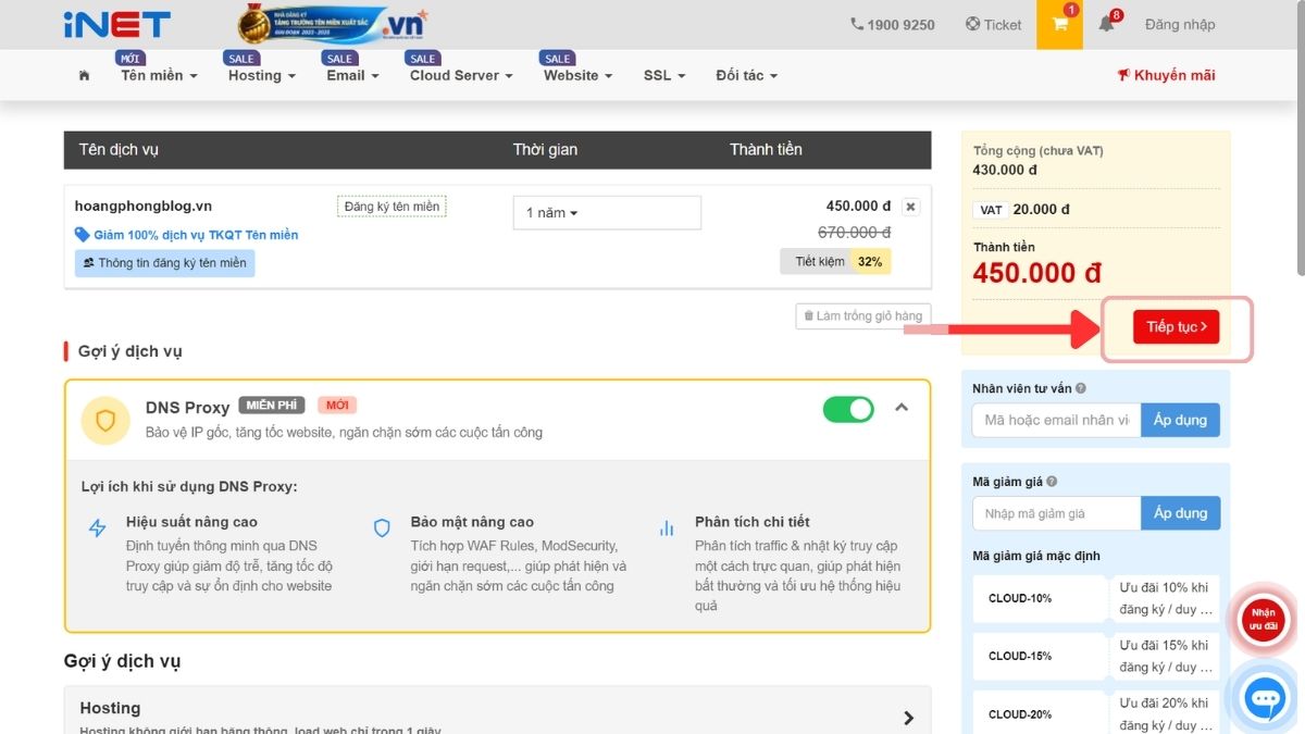 Màn hình kiểm tra lại đơn hàng tên miền trên iNET