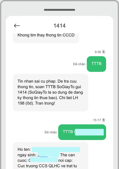 Tin nhắn phản hồi từ tổng đài 1414 của Viettel Kết quả kiểm tra thông tin thuê bao Viettel qua tin nhắn 1414