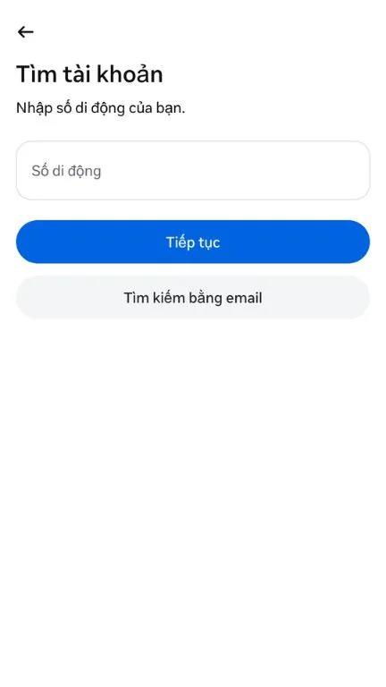Màn hình nhập số điện thoại hoặc email để khôi phục mật khẩu Facebook