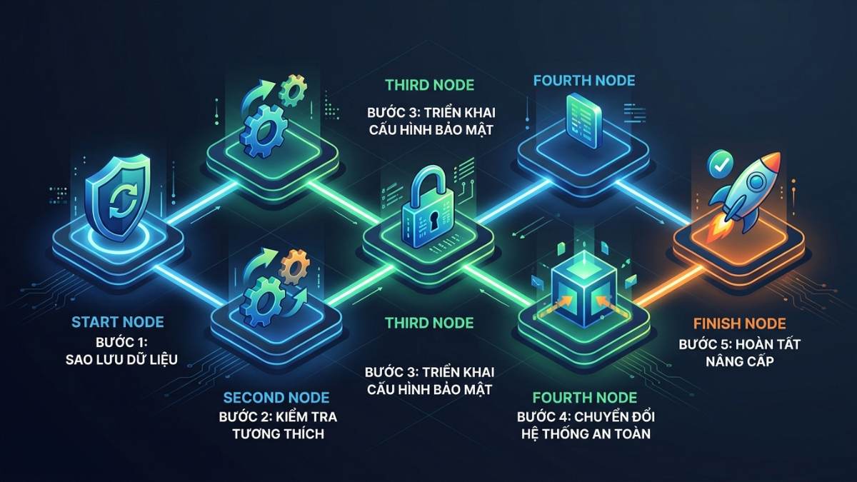 Sơ đồ tư duy quy trình 5 bước thực hiện nâng cấp hệ thống WordPress Core an toàn tuyệt đối