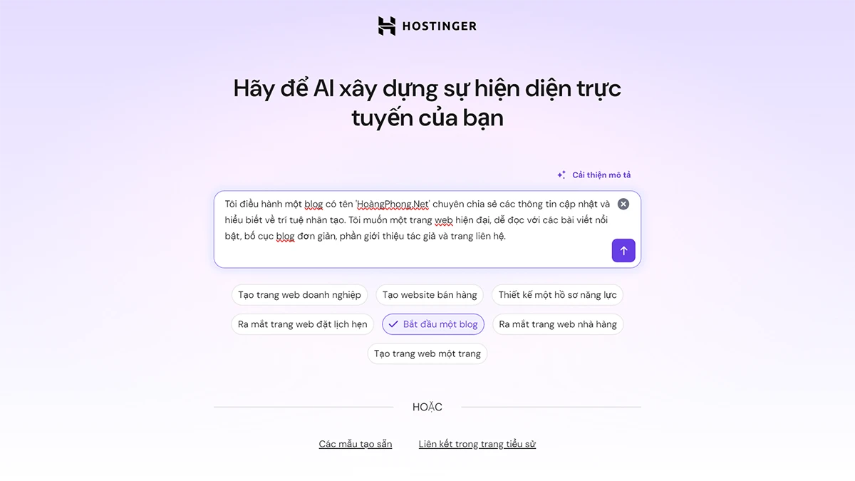 Màn hình nhập mô tả ý tưởng website trên Hostinger AI Builder
