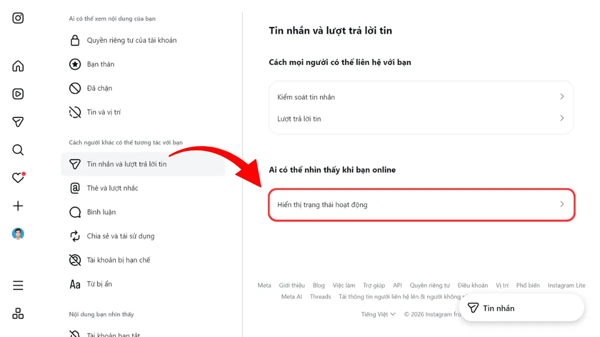 Giao diện cài đặt Instagram web trên máy tính nơi người dùng bỏ chọn ô Hiển thị trạng thái hoạt động.