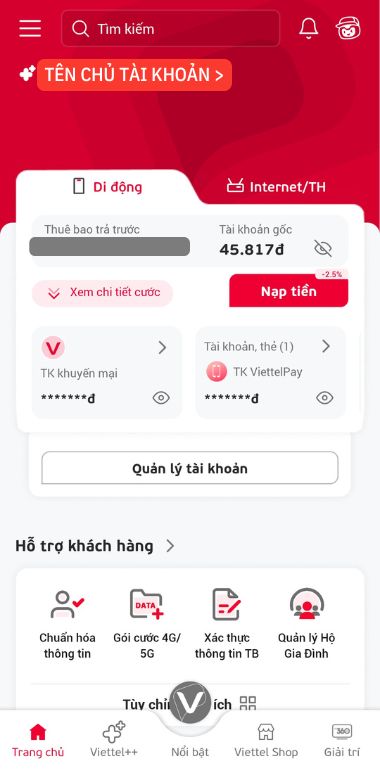 Màn hình hiển thị tên chủ tài khoản trên My Viettel