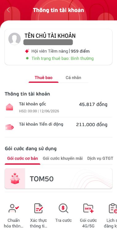 Chi tiết thông tin thuê bao Viettel trên ứng dụng My Viettel