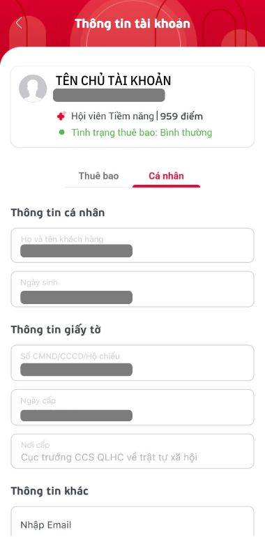 Màn hình thông tin tài khoản My Viettel bao gồm dữ liệu cá nhân