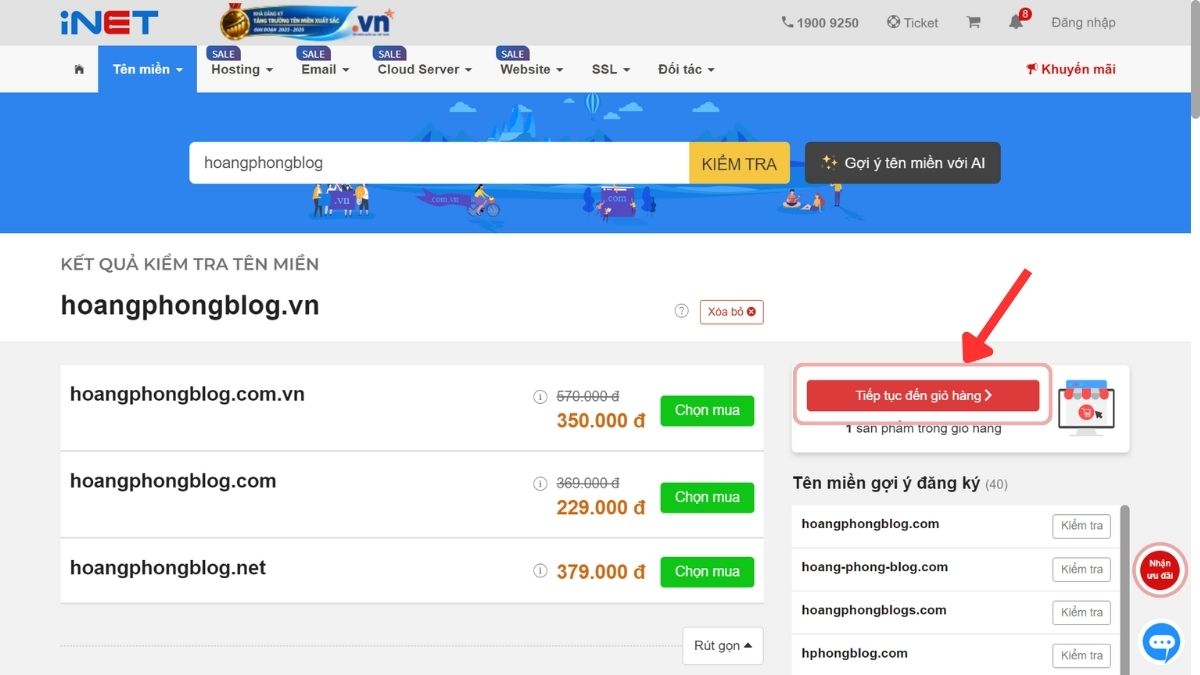 Trang kết quả kiểm tra tên miền tại iNET với nút tiếp tục đến giỏ hàng