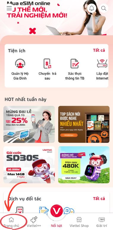 Giao diện trang chủ ứng dụng My Viettel trên điện thoại