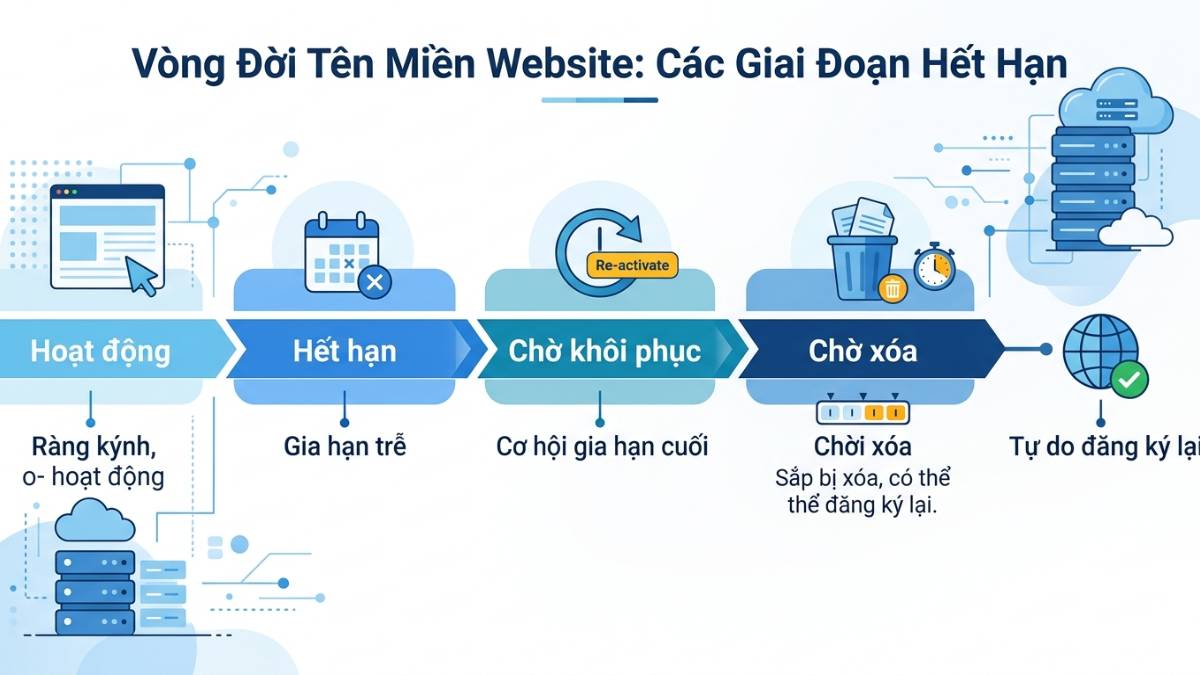 Minh họa các giai đoạn từ khi tên miền hết hạn đến khi bị xóa hoàn toàn để đăng ký mới.