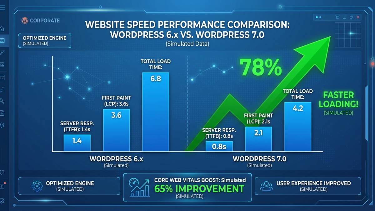 Biểu đồ so sánh hiệu năng tốc độ tải trang Core Web Vitals giữa WordPress 6.x và WordPress 7.0