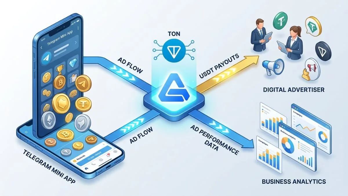 Tổng quan hệ sinh thái quảng cáo Adsgram trên Telegram Sơ đồ mô tả cơ chế hoạt động của Adsgram kết nối Developer Telegram Mini App với Advertiser